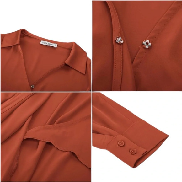 NWT Women’s Plus Sized Satin Wrap Blouse Women's Long Sleeve Elegant Tie Waist - Picture 7 of 8